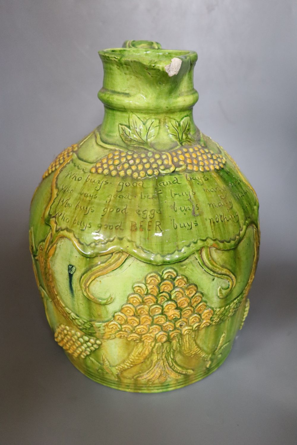 A large Castle Hedingham pottery inscribed beer jug, incised mark modelled by E. Bingham 1829 to 1901 October 1901, height 36cm